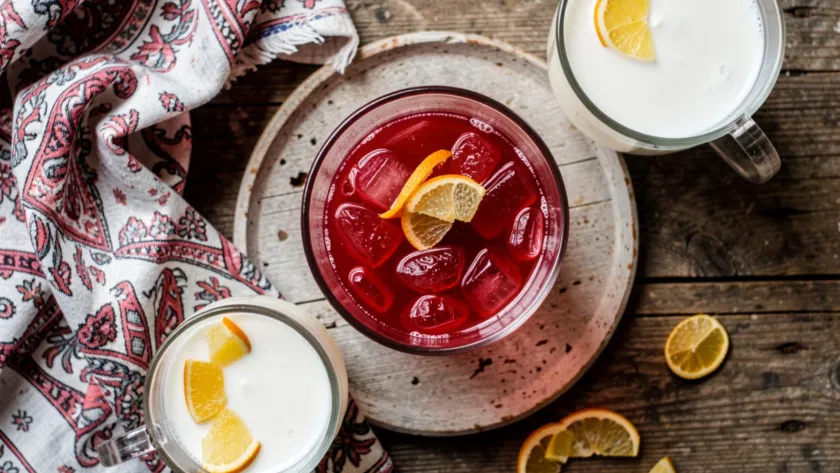 Overhead view of Ottoman sherbet and ayran on rustic table, patterned napkin, scattered citrus peels.