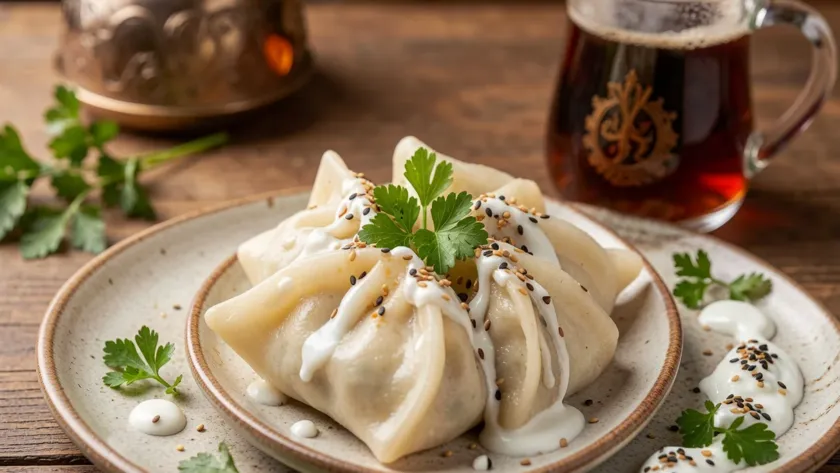 A manti and Turkish tea in a table.