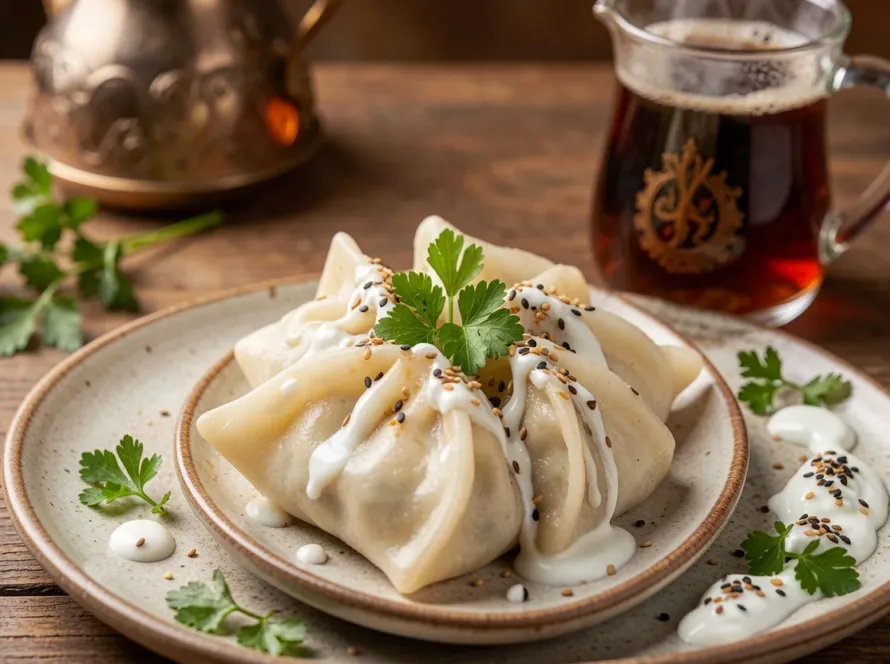 A manti and Turkish tea in a table.