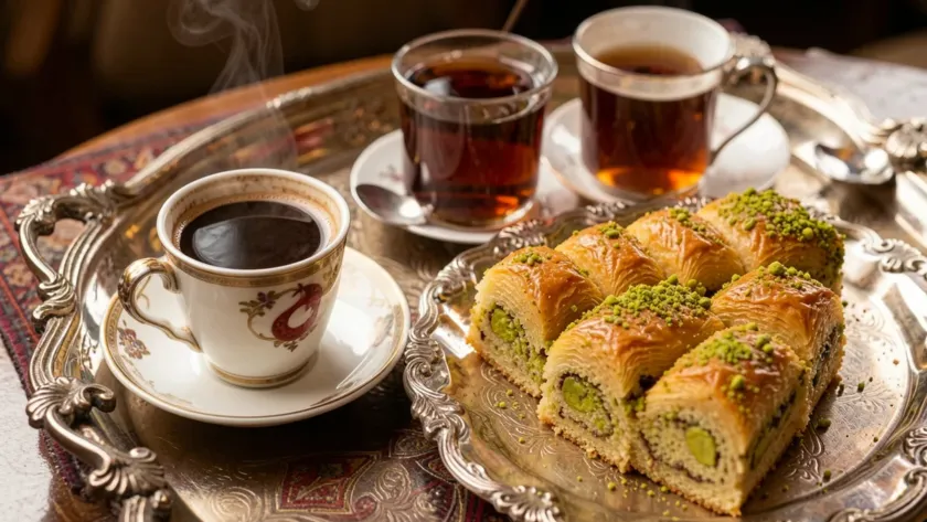 Turkish coffee and tea paired with Turkish desserts.