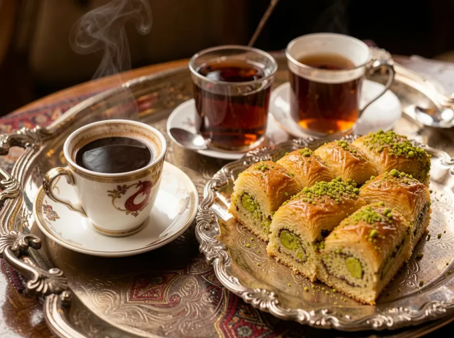 Turkish coffee and tea paired with Turkish desserts.
